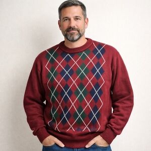 Vintage Stone Haven Sweater Mens Grandpa Argyle Knit Fisherman Large Red Wine
